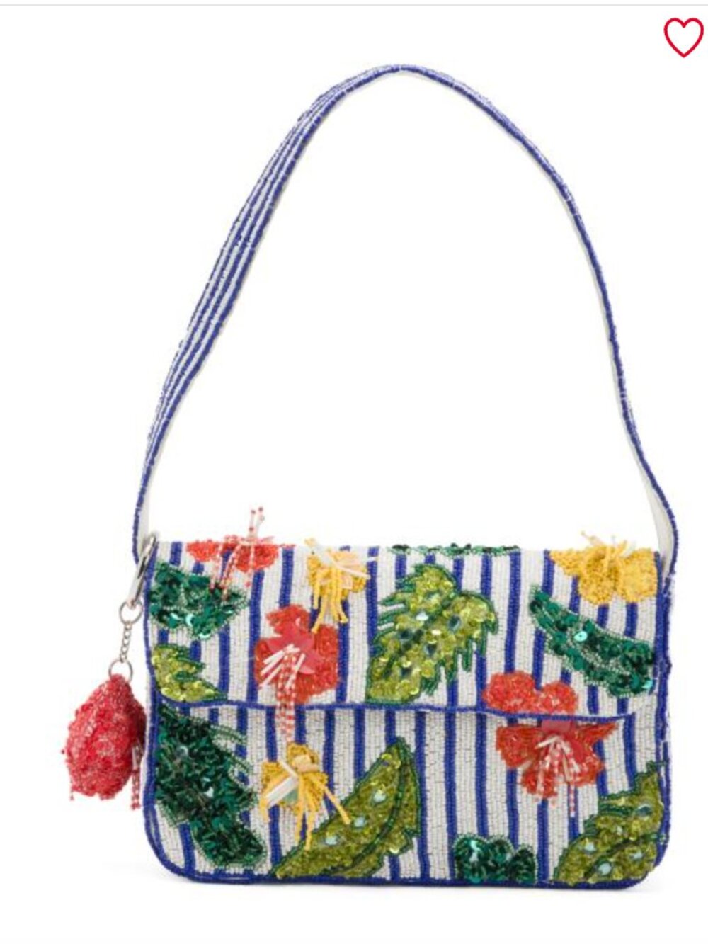 India Beaded Bag Beaded Sequin Hibiscus 3D Flower Striped w Keychain Charm NWT